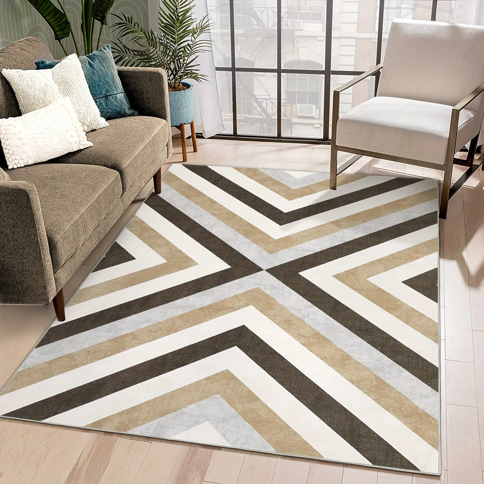 1 PC Modern Area Rug Large Living Room Rug Washable Rug Stain Resistant Easy Cleaning Indoor Carpet Non Slip Non Shedding Area Rug Low Pile Soft Floor Cover Folding Area Rug For Bedroom Dining Room Office, Brown