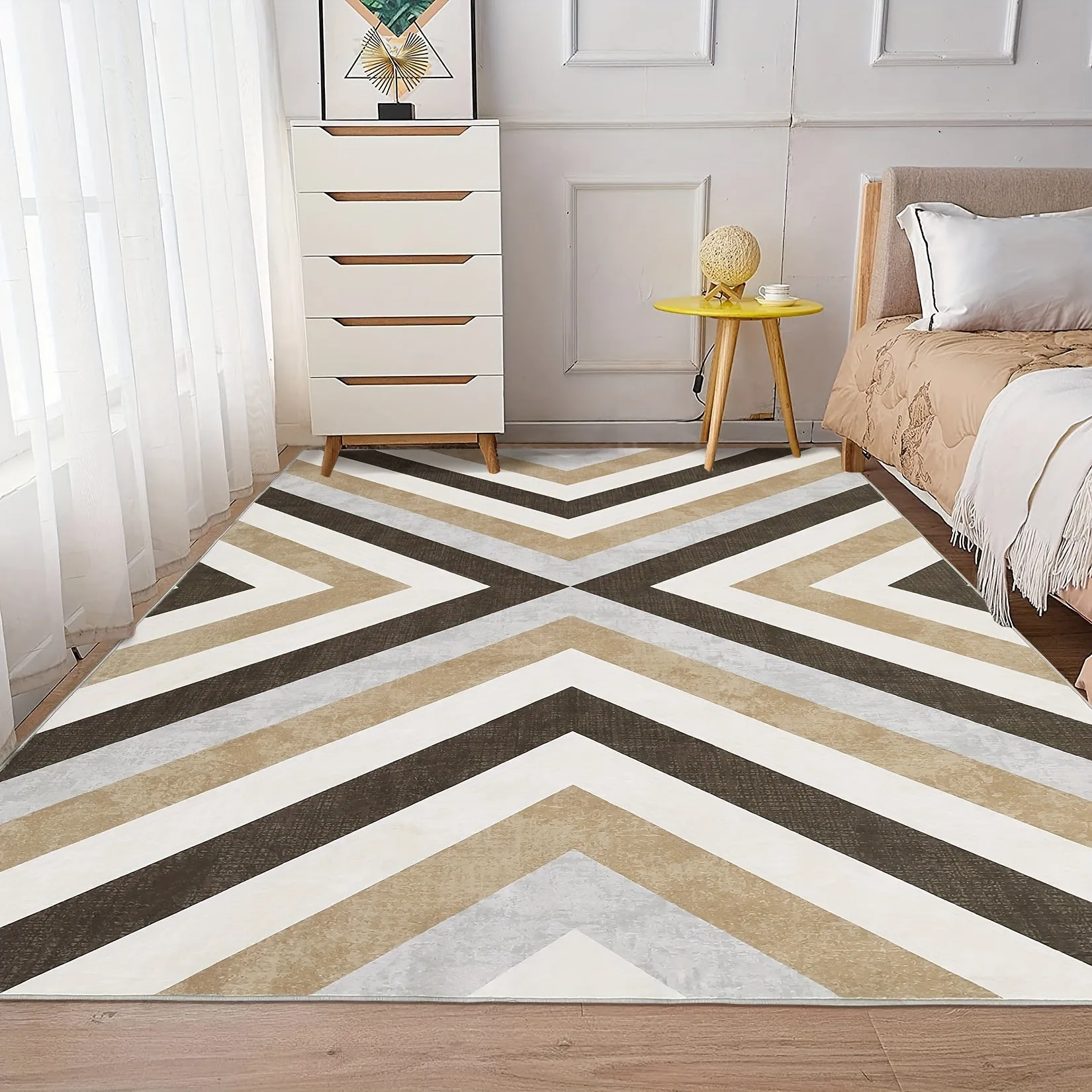 1 PC Modern Area Rug Large Living Room Rug Washable Rug Stain Resistant Easy Cleaning Indoor Carpet Non Slip Non Shedding Area Rug Low Pile Soft Floor Cover Folding Area Rug For Bedroom Dining Room Office, Brown
