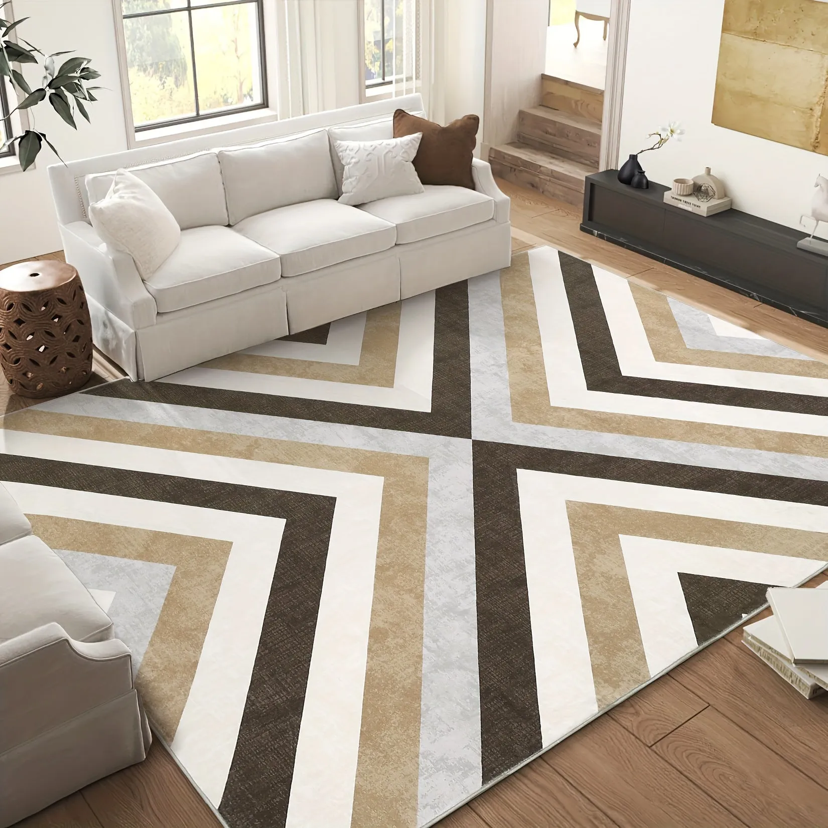 1 PC Modern Area Rug Large Living Room Rug Washable Rug Stain Resistant Easy Cleaning Indoor Carpet Non Slip Non Shedding Area Rug Low Pile Soft Floor Cover Folding Area Rug For Bedroom Dining Room Office, Brown