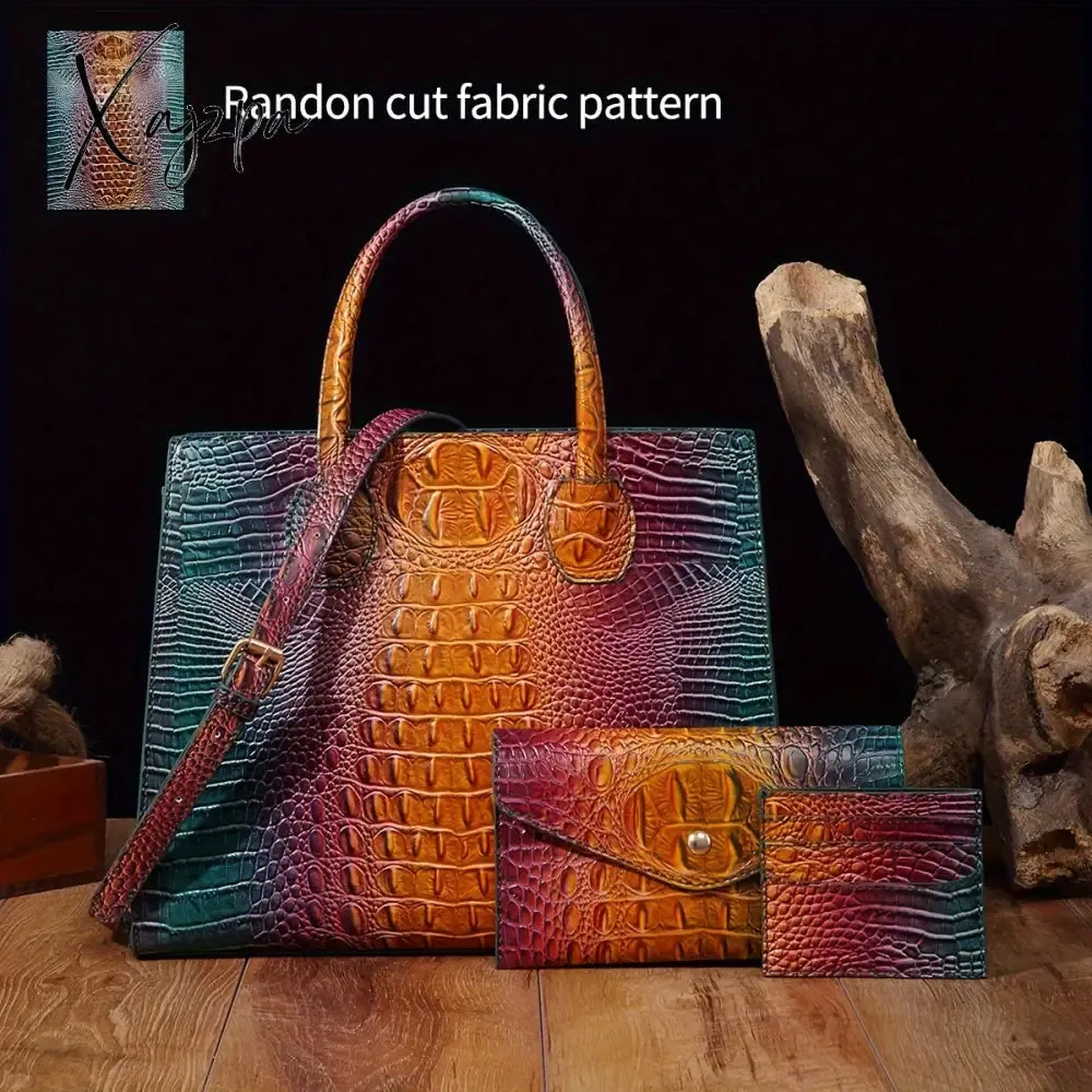 3-Piece Crocodile Print Handbag Set - Fashionable Vintage Style, Multi-Functional Top Handle Crossbody, Business Clutch & Coin Purse - Spacious, Secure, Ideal for Everyday Chic