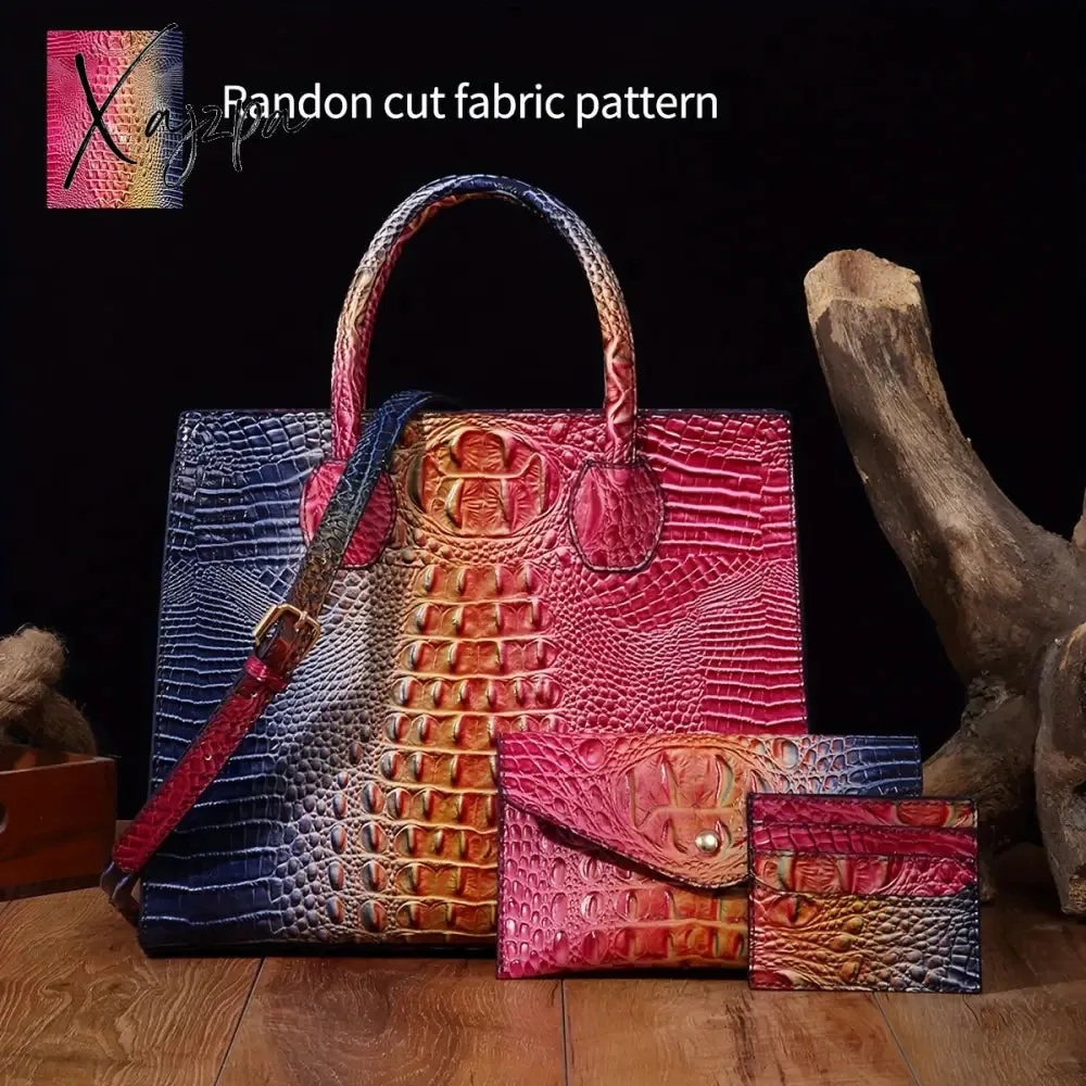 3-Piece Crocodile Print Handbag Set - Fashionable Vintage Style, Multi-Functional Top Handle Crossbody, Business Clutch & Coin Purse - Spacious, Secure, Ideal for Everyday Chic