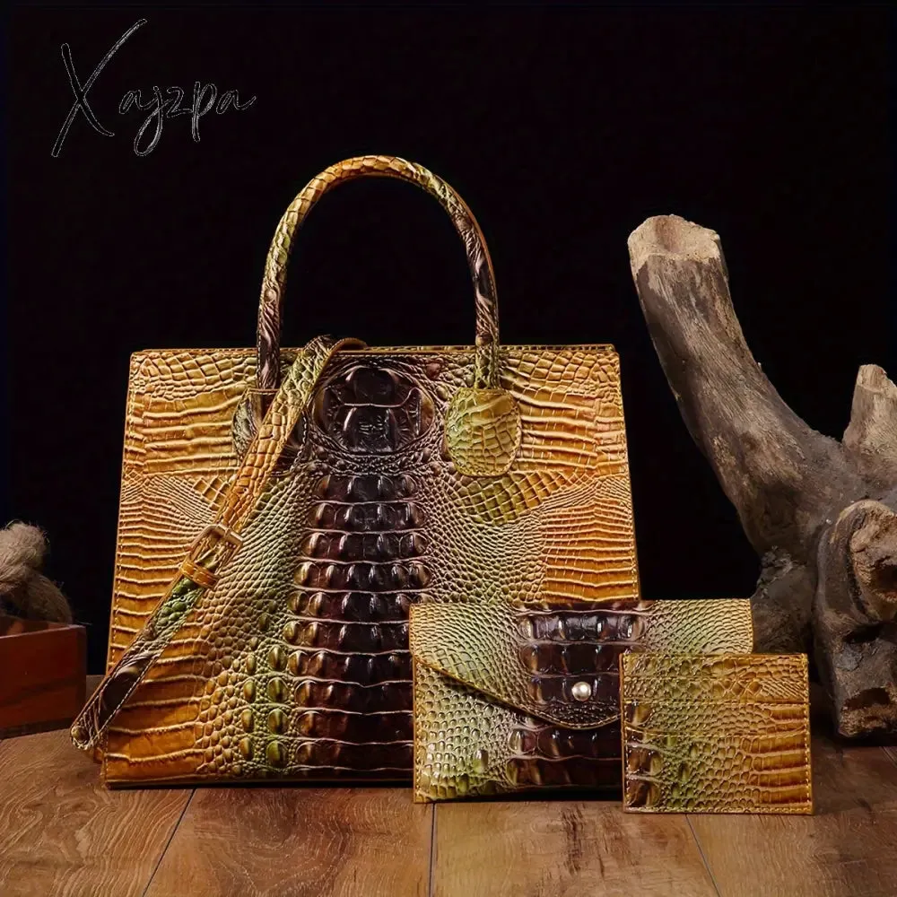 3-Piece Crocodile Print Handbag Set - Fashionable Vintage Style, Multi-Functional Top Handle Crossbody, Business Clutch & Coin Purse - Spacious, Secure, Ideal for Everyday Chic