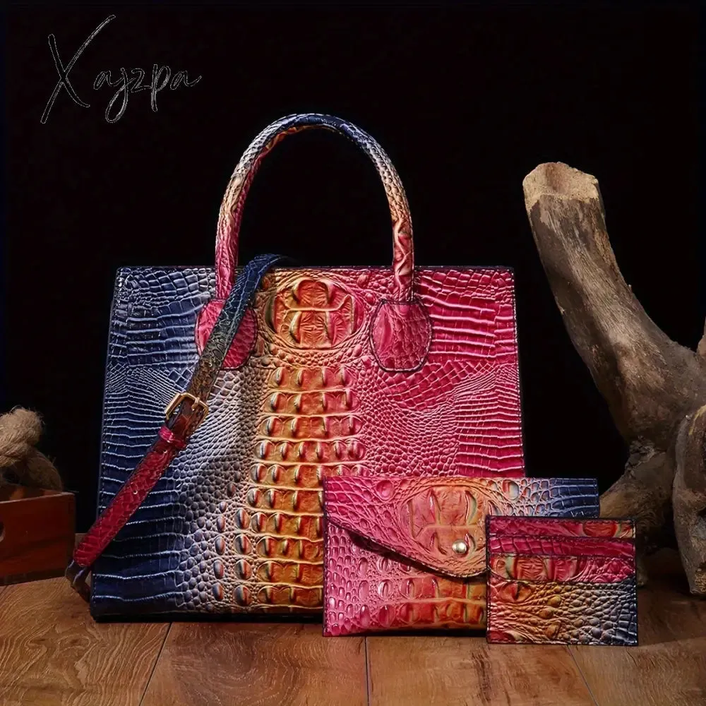 3-Piece Crocodile Print Handbag Set - Fashionable Vintage Style, Multi-Functional Top Handle Crossbody, Business Clutch & Coin Purse - Spacious, Secure, Ideal for Everyday Chic
