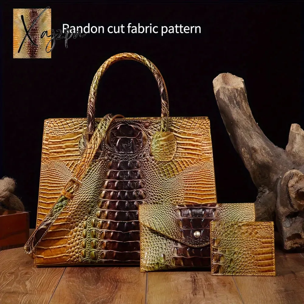 3-Piece Crocodile Print Handbag Set - Fashionable Vintage Style, Multi-Functional Top Handle Crossbody, Business Clutch & Coin Purse - Spacious, Secure, Ideal for Everyday Chic