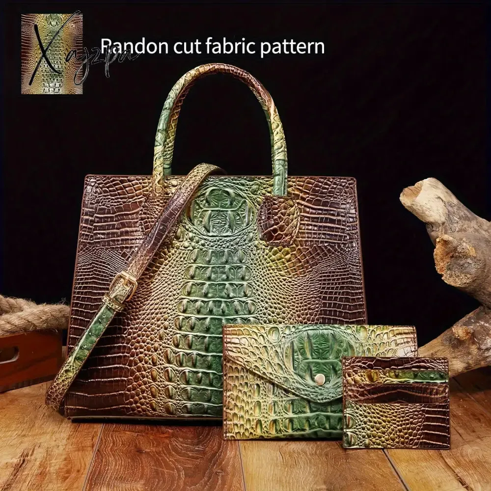 3-Piece Crocodile Print Handbag Set - Fashionable Vintage Style, Multi-Functional Top Handle Crossbody, Business Clutch & Coin Purse - Spacious, Secure, Ideal for Everyday Chic