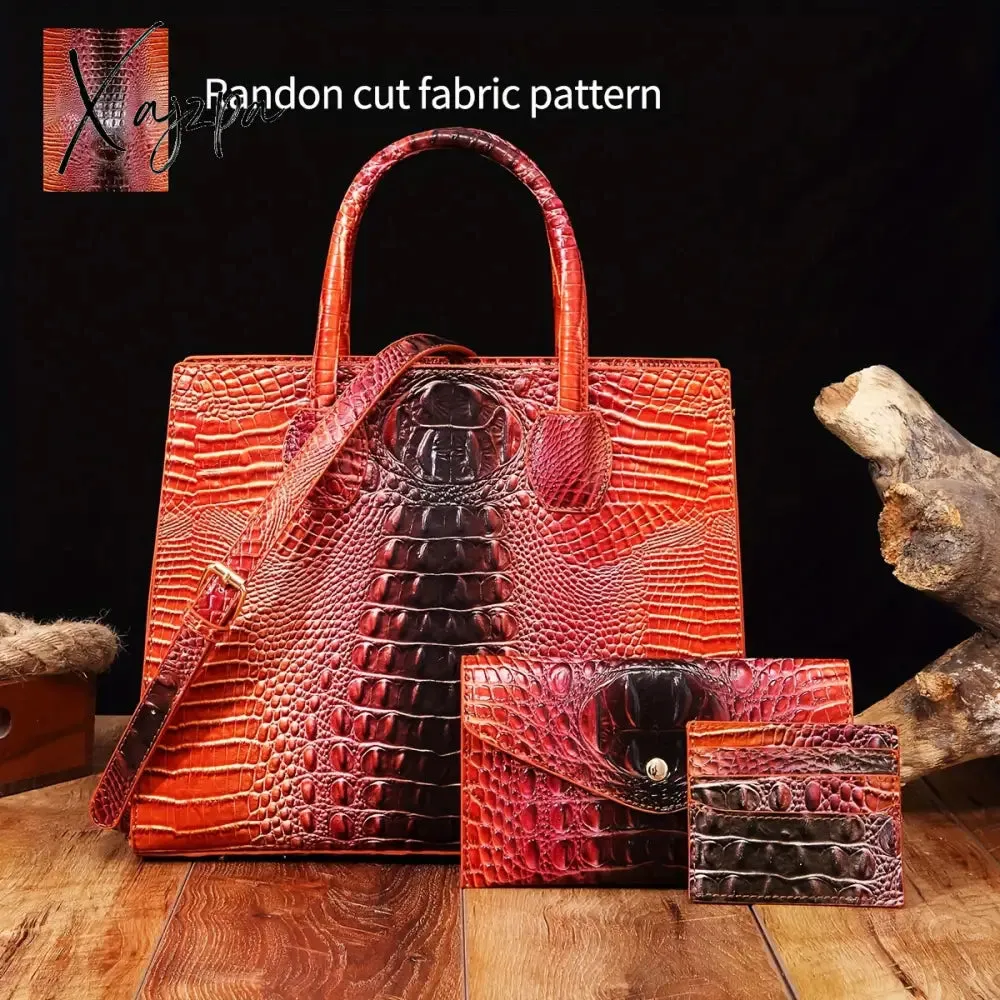 3-Piece Crocodile Print Handbag Set - Fashionable Vintage Style, Multi-Functional Top Handle Crossbody, Business Clutch & Coin Purse - Spacious, Secure, Ideal for Everyday Chic