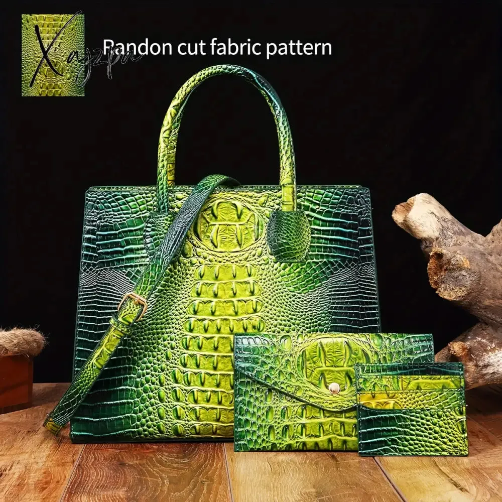 3-Piece Crocodile Print Handbag Set - Fashionable Vintage Style, Multi-Functional Top Handle Crossbody, Business Clutch & Coin Purse - Spacious, Secure, Ideal for Everyday Chic