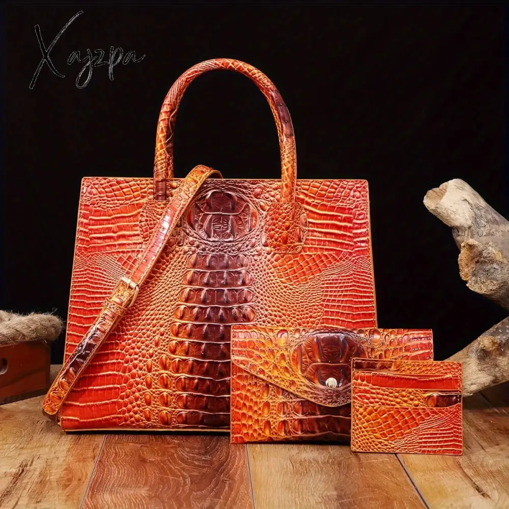 3-Piece Crocodile Print Handbag Set - Fashionable Vintage Style, Multi-Functional Top Handle Crossbody, Business Clutch & Coin Purse - Spacious, Secure, Ideal for Everyday Chic