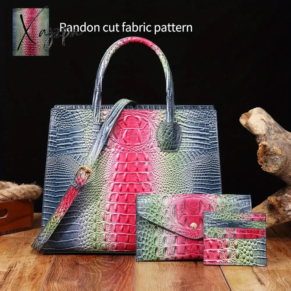 3-Piece Crocodile Print Handbag Set - Fashionable Vintage Style, Multi-Functional Top Handle Crossbody, Business Clutch & Coin Purse - Spacious, Secure, Ideal for Everyday Chic