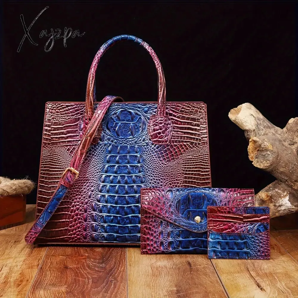 3-Piece Crocodile Print Handbag Set - Fashionable Vintage Style, Multi-Functional Top Handle Crossbody, Business Clutch & Coin Purse - Spacious, Secure, Ideal for Everyday Chic
