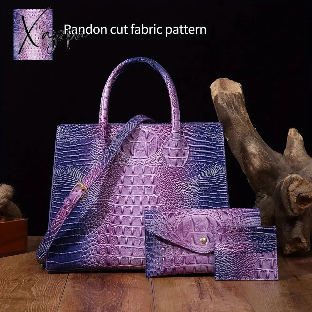 3-Piece Crocodile Print Handbag Set - Fashionable Vintage Style, Multi-Functional Top Handle Crossbody, Business Clutch & Coin Purse - Spacious, Secure, Ideal for Everyday Chic