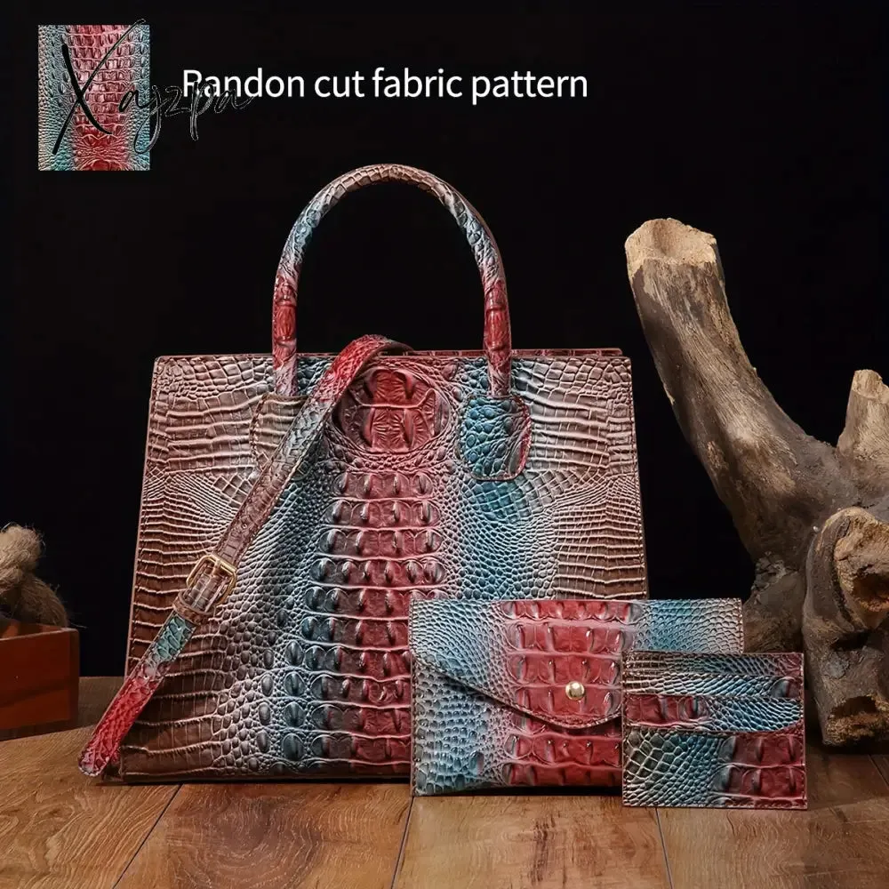 3-Piece Crocodile Print Handbag Set - Fashionable Vintage Style, Multi-Functional Top Handle Crossbody, Business Clutch & Coin Purse - Spacious, Secure, Ideal for Everyday Chic