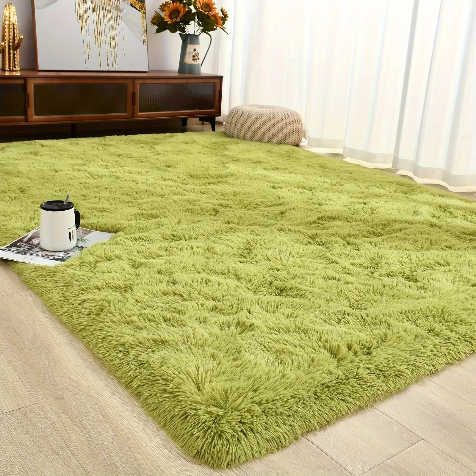 5x8 Feet Large Soft Fluffy Green Grass Shag Carpet, Non-Slip Plush Indoor Carpet for Bedroom, Living Room, Dormitory Home Decor