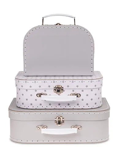 Jewelkeeper Paperboard Suitcases, Set of 3 – Nesting Storage Gift Boxes for Birthday Wedding Easter Nursery Office Decoration Displays Toys Photos – Gray Stars Design