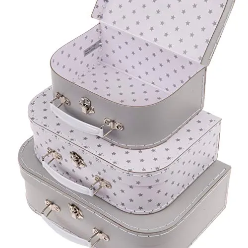 Jewelkeeper Paperboard Suitcases, Set of 3 – Nesting Storage Gift Boxes for Birthday Wedding Easter Nursery Office Decoration Displays Toys Photos – Gray Stars Design