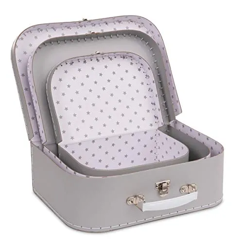 Jewelkeeper Paperboard Suitcases, Set of 3 – Nesting Storage Gift Boxes for Birthday Wedding Easter Nursery Office Decoration Displays Toys Photos – Gray Stars Design