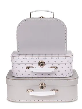 Jewelkeeper Paperboard Suitcases, Set of 3 – Nesting Storage Gift Boxes for Birthday Wedding Easter Nursery Office Decoration Displays Toys Photos – Gray Stars Design