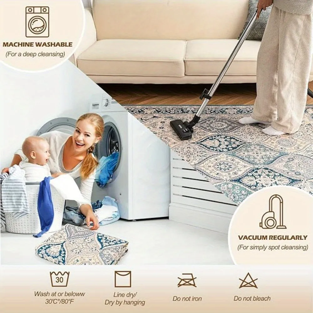 Luxurious Boho Area Rug - Machine Washable, Anti-Slip Backing, Stain Resistant, Large Floor Carpet for Living Room and Bedroom - Soft, Plush, Durable, Easy to Clean, and Versatile Home Decor