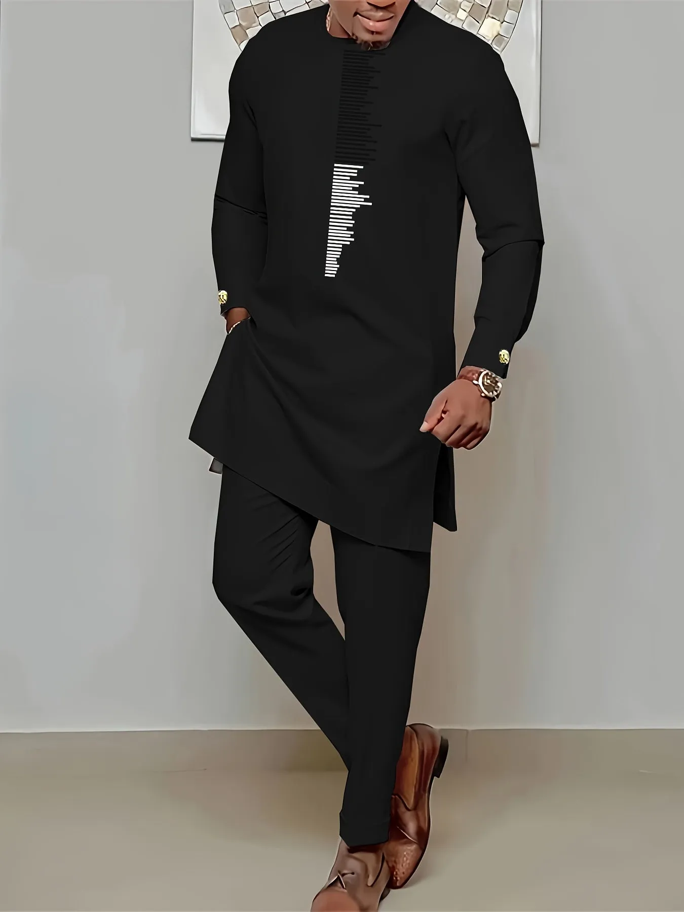 Riolio Men's Casual Long Sleeve Two-piece Set: Medium-Long Top and Pants