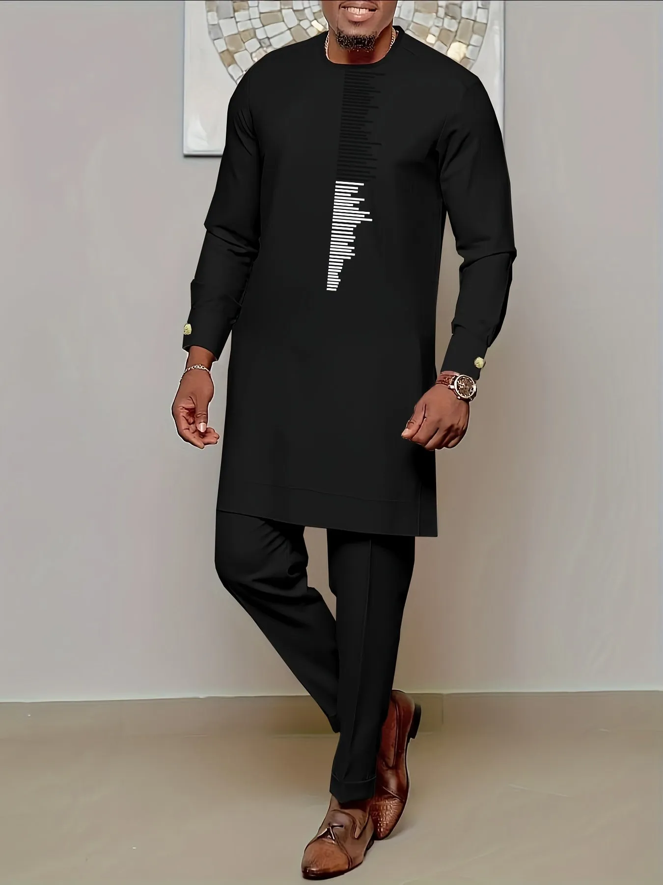 Riolio Men's Casual Long Sleeve Two-piece Set: Medium-Long Top and Pants