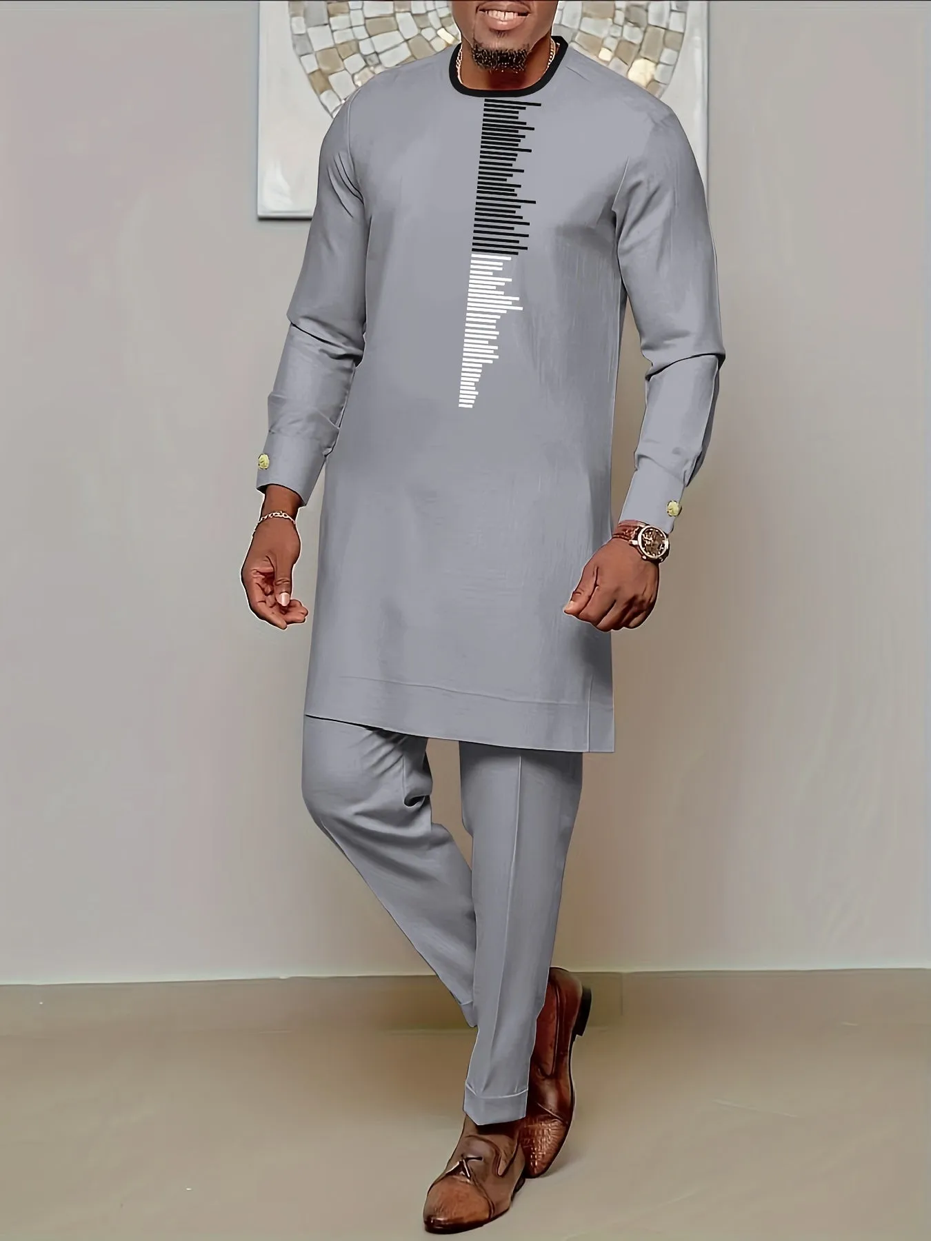 Riolio Men's Casual Long Sleeve Two-piece Set: Medium-Long Top and Pants