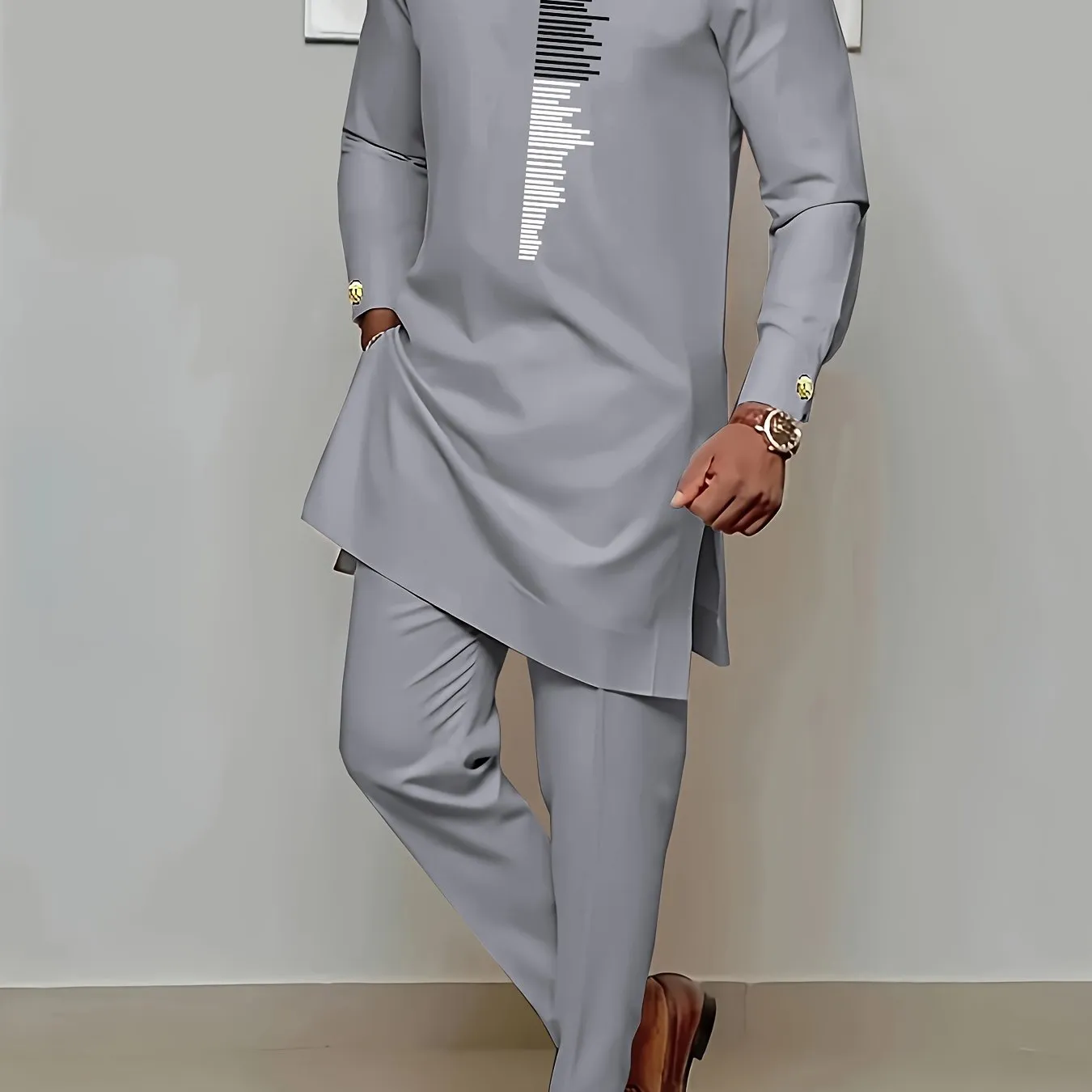 Riolio Men's Casual Long Sleeve Two-piece Set: Medium-Long Top and Pants