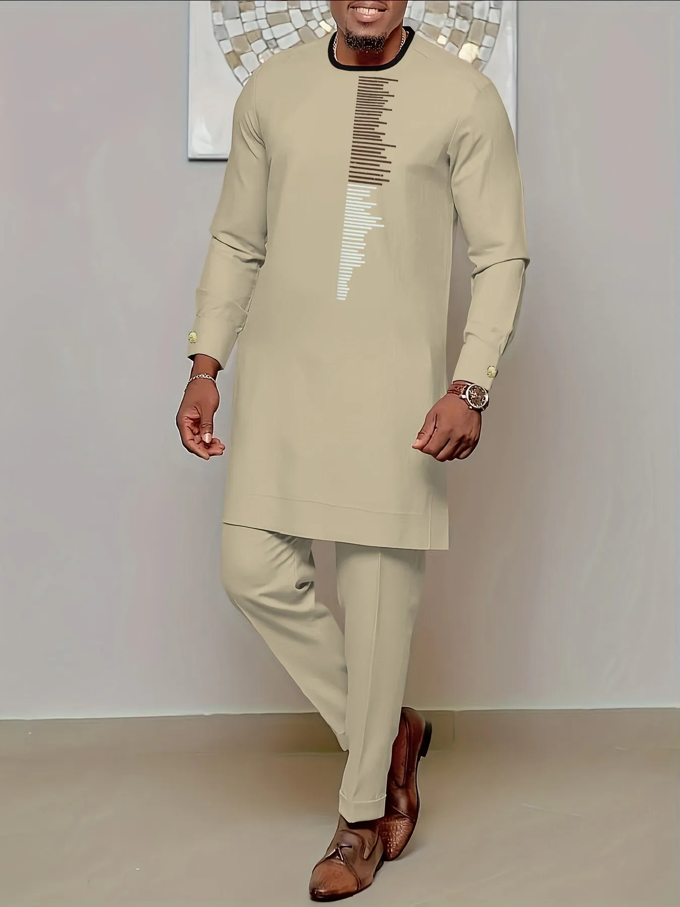 Riolio Men's Casual Long Sleeve Two-piece Set: Medium-Long Top and Pants
