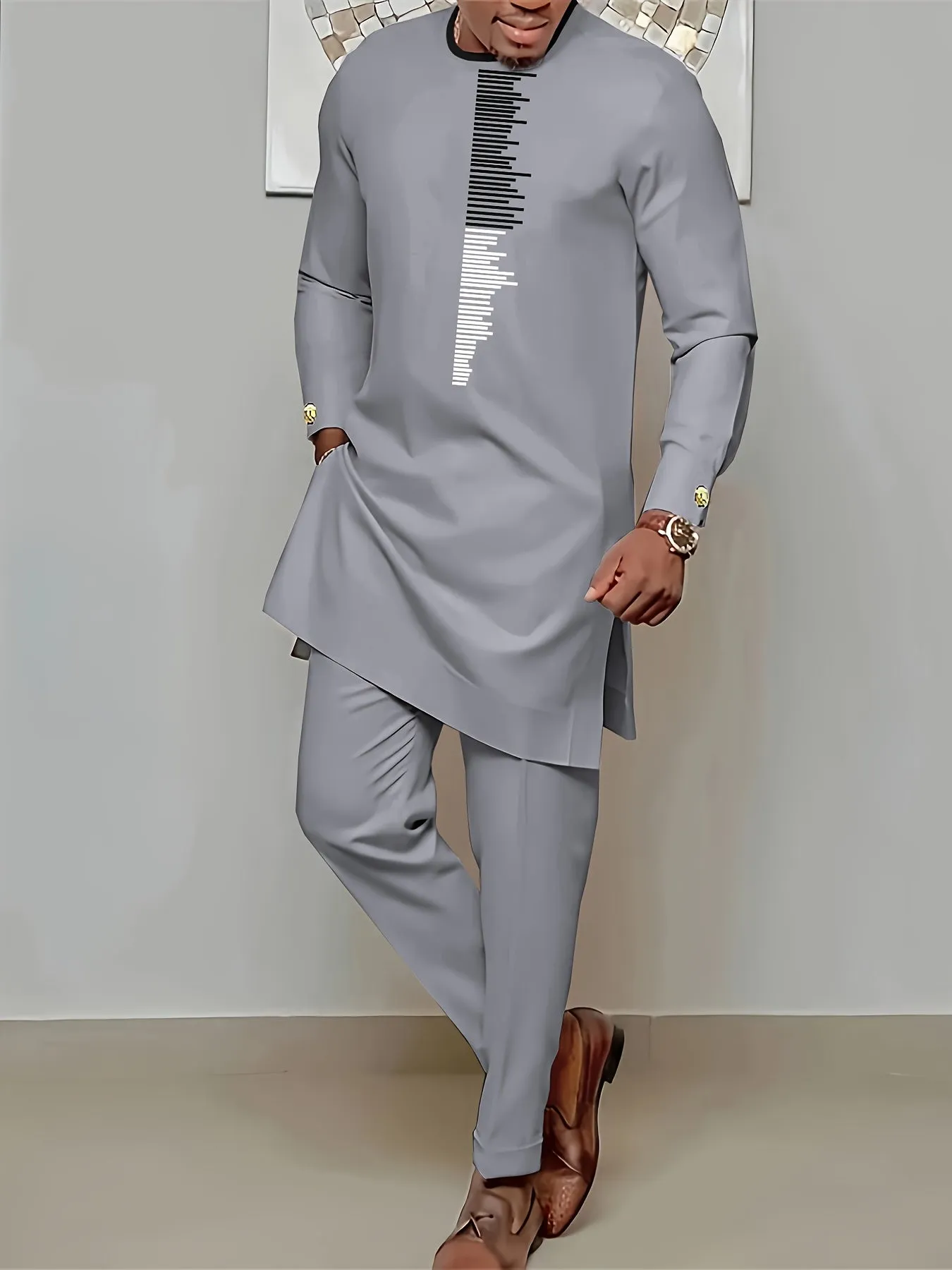 Riolio Men's Casual Long Sleeve Two-piece Set: Medium-Long Top and Pants