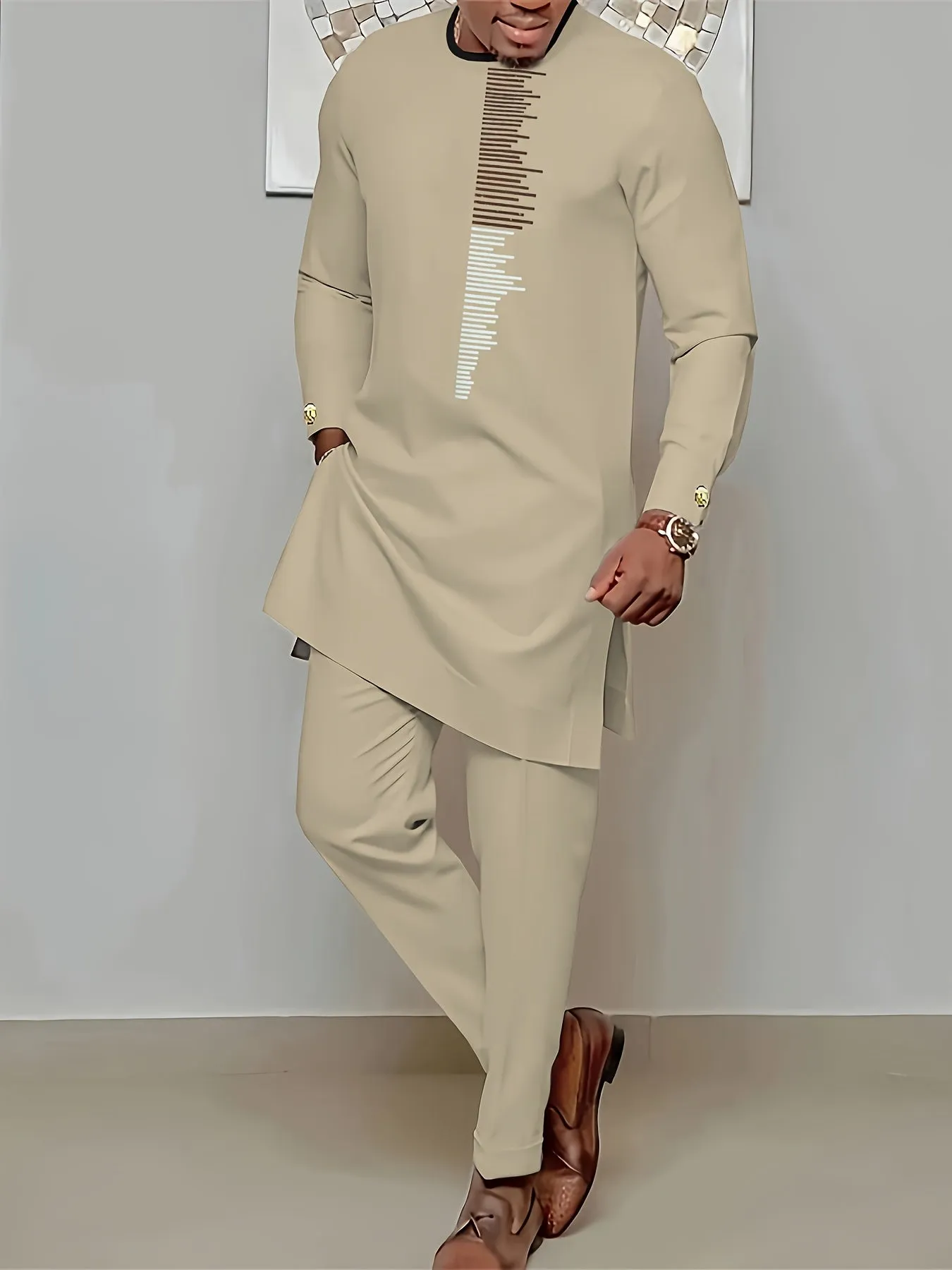 Riolio Men's Casual Long Sleeve Two-piece Set: Medium-Long Top and Pants