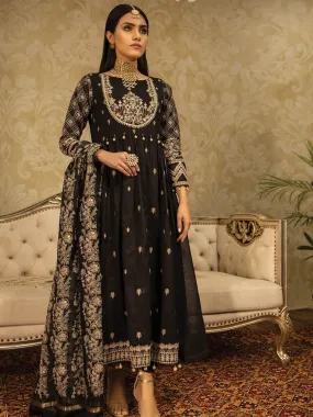 Unstitched Black Embroidered Net 3 Piece - ELU19C9-19949